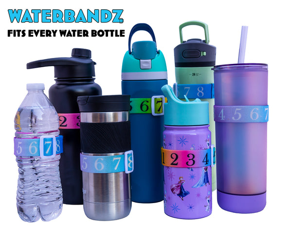 WaterBandz - Stay Hydrated: Elastic Fabric Bands Make your Daily Water Intake Simple and Fun! Universal size for Water Bottles, Cups, and Glasses with Movable Counting Frame – Stay Hydrated All Day!