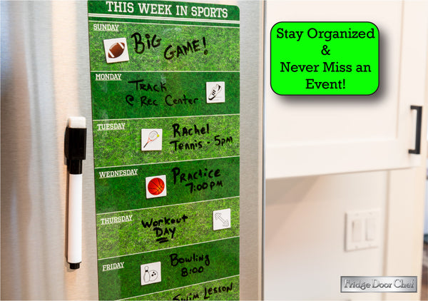 Magnetic Sports and Fitness Weekly Planner Dry Erase Board - Never Miss a Practice, Workout, or Game! - Includes Over 65 Magnet Sports Icons and Dry Erase Pen!