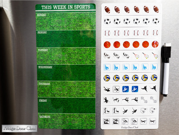 Magnetic Sports and Fitness Weekly Planner Dry Erase Board - Never Miss a Practice, Workout, or Game! - Includes Over 65 Magnet Sports Icons and Dry Erase Pen!