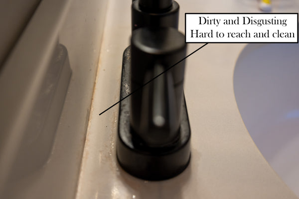 The Behind The Faucet Brush! Clean Hard to Reach Areas in Your Kitchen and Bathroom - Easily Clean Water and soap Residue Around The Sink. Two Pack Includes Hanging Hooks for Storage Under The Sink.