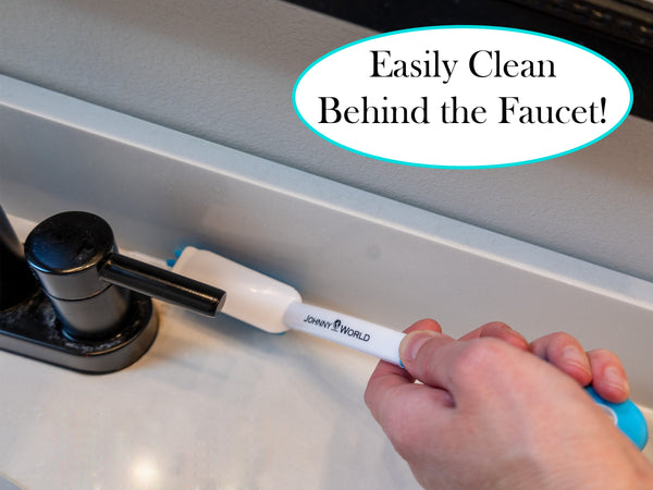 The Behind The Faucet Brush! Clean Hard to Reach Areas in Your Kitchen and Bathroom - Easily Clean Water and soap Residue Around The Sink. Two Pack Includes Hanging Hooks for Storage Under The Sink.