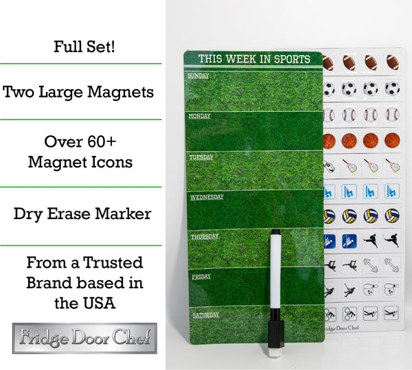 Magnetic Sports and Fitness Weekly Planner Dry Erase Board - Never Miss a Practice, Workout, or Game! - Includes Over 65 Magnet Sports Icons and Dry Erase Pen!