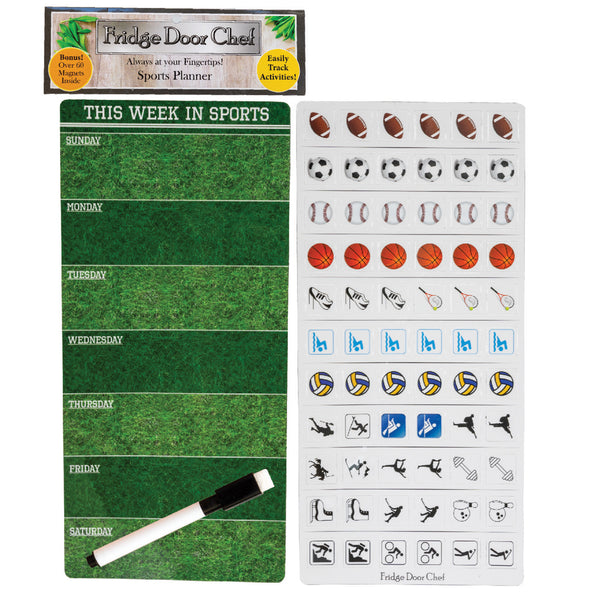 Magnetic Sports and Fitness Weekly Planner Dry Erase Board - Never Miss a Practice, Workout, or Game! - Includes Over 65 Magnet Sports Icons and Dry Erase Pen!