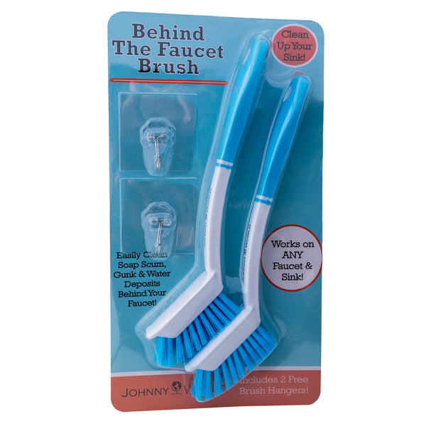 The Behind The Faucet Brush! Clean Hard to Reach Areas in Your Kitchen and Bathroom - Easily Clean Water and soap Residue Around The Sink. Two Pack Includes Hanging Hooks for Storage Under The Sink.